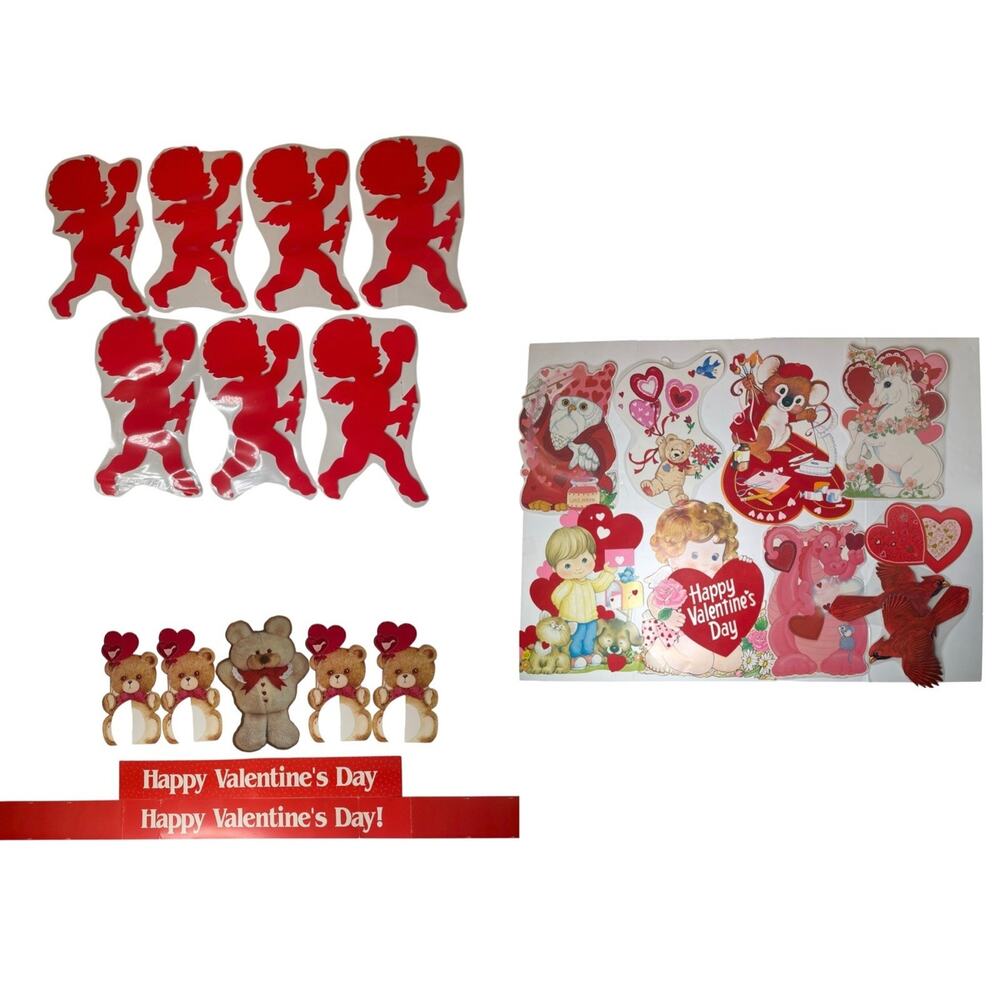Vtg Valentines Cardboard Die Cut Outs Hearts Cupid Lot Bulletin Board Classroom